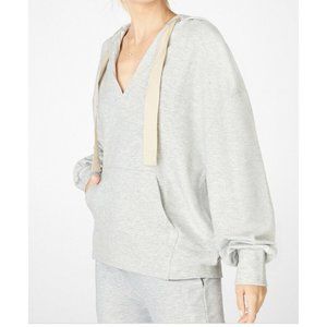 Fabletics Ariana Hoodie Gray Pullover Deep V Neck Ribbon Tie Women’s Size L